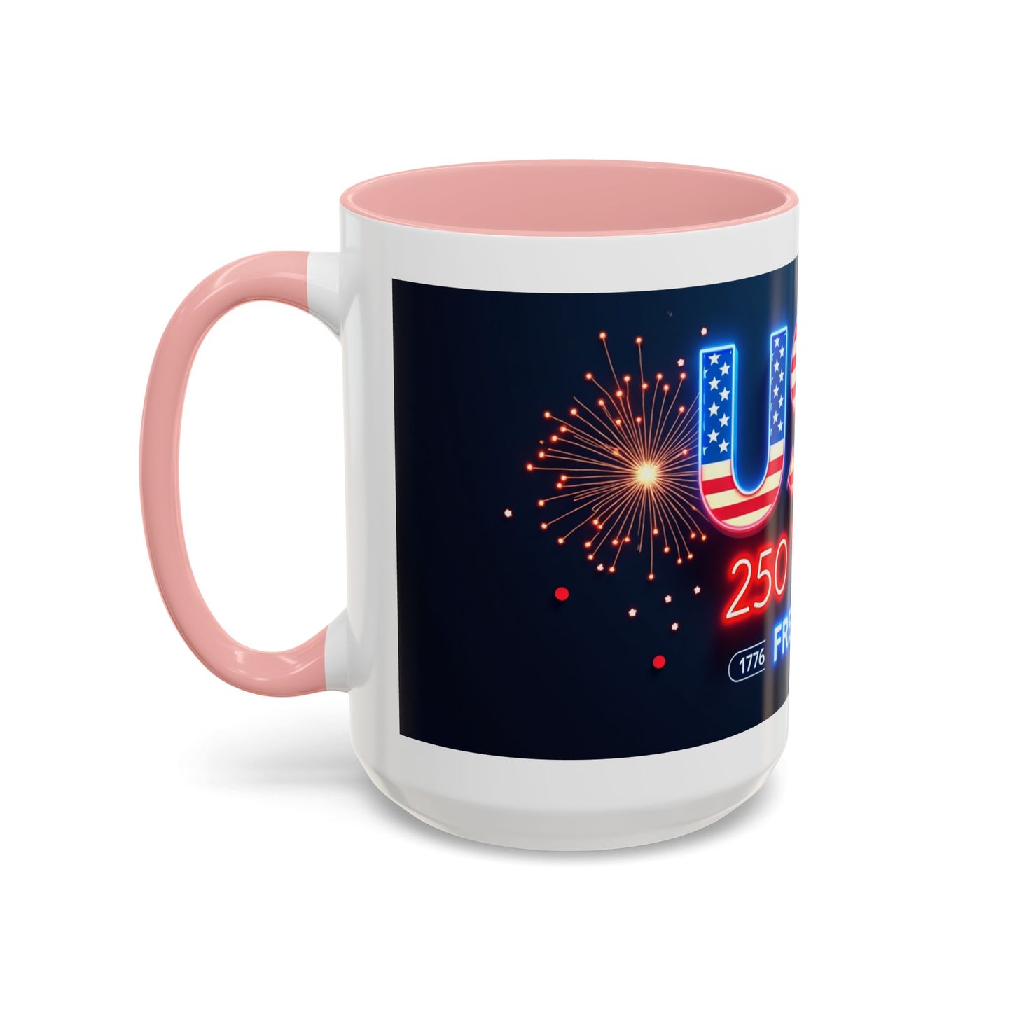 USA 250 Years of Freedom Accent Coffee Mug — Patriotic 1776–2026 Fireworks Design (11/15oz)