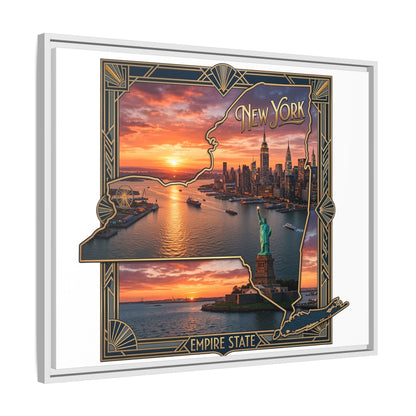 Framed Matte Canvas Wall Art — New York City Sunset Skyline with Statue of Liberty