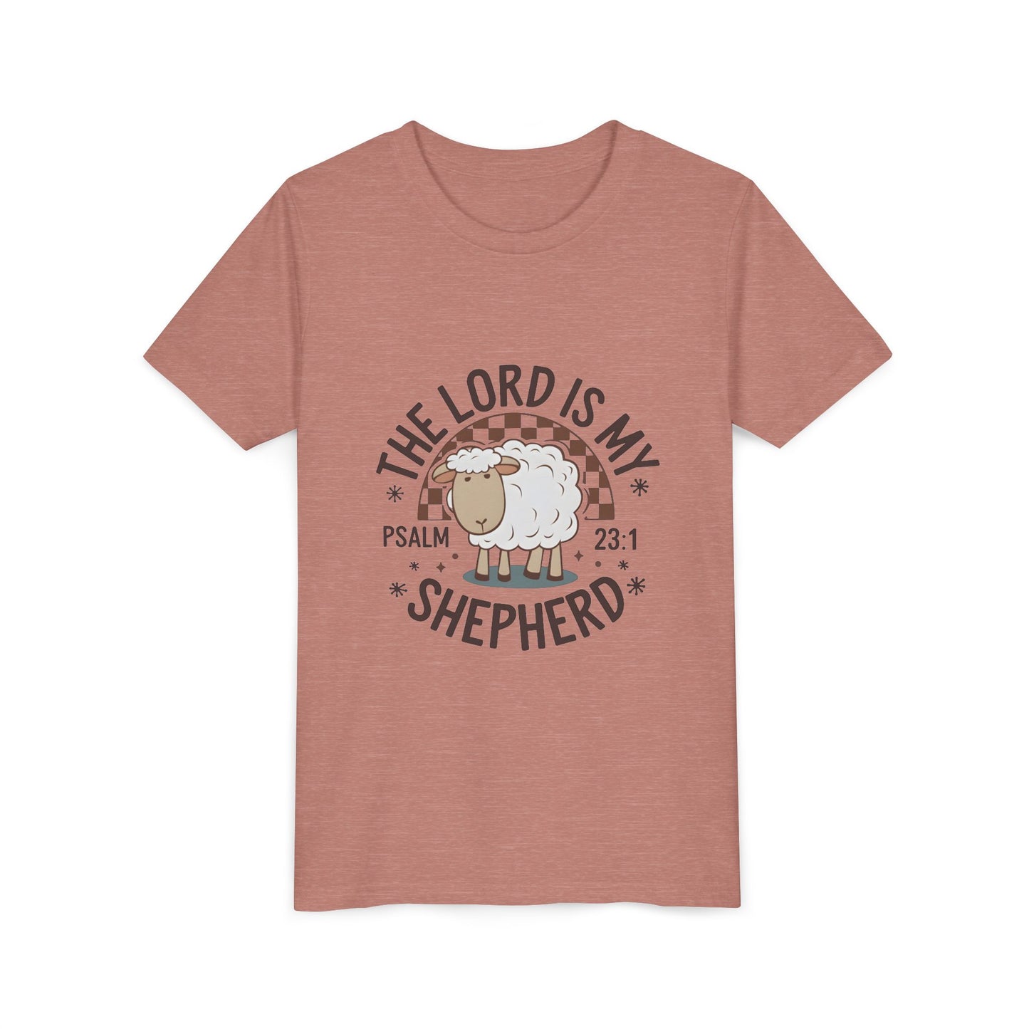 Youth Tee — "The Lord Is My Shepherd" Psalm 23:1 Christian Kids T‑Shirt (Sheep Design)