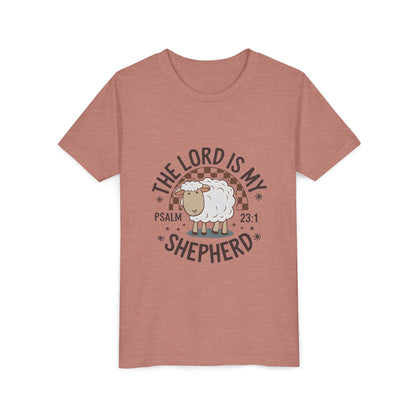 Youth Tee — "The Lord Is My Shepherd" Psalm 23:1 Christian Kids T‑Shirt (Sheep Design)