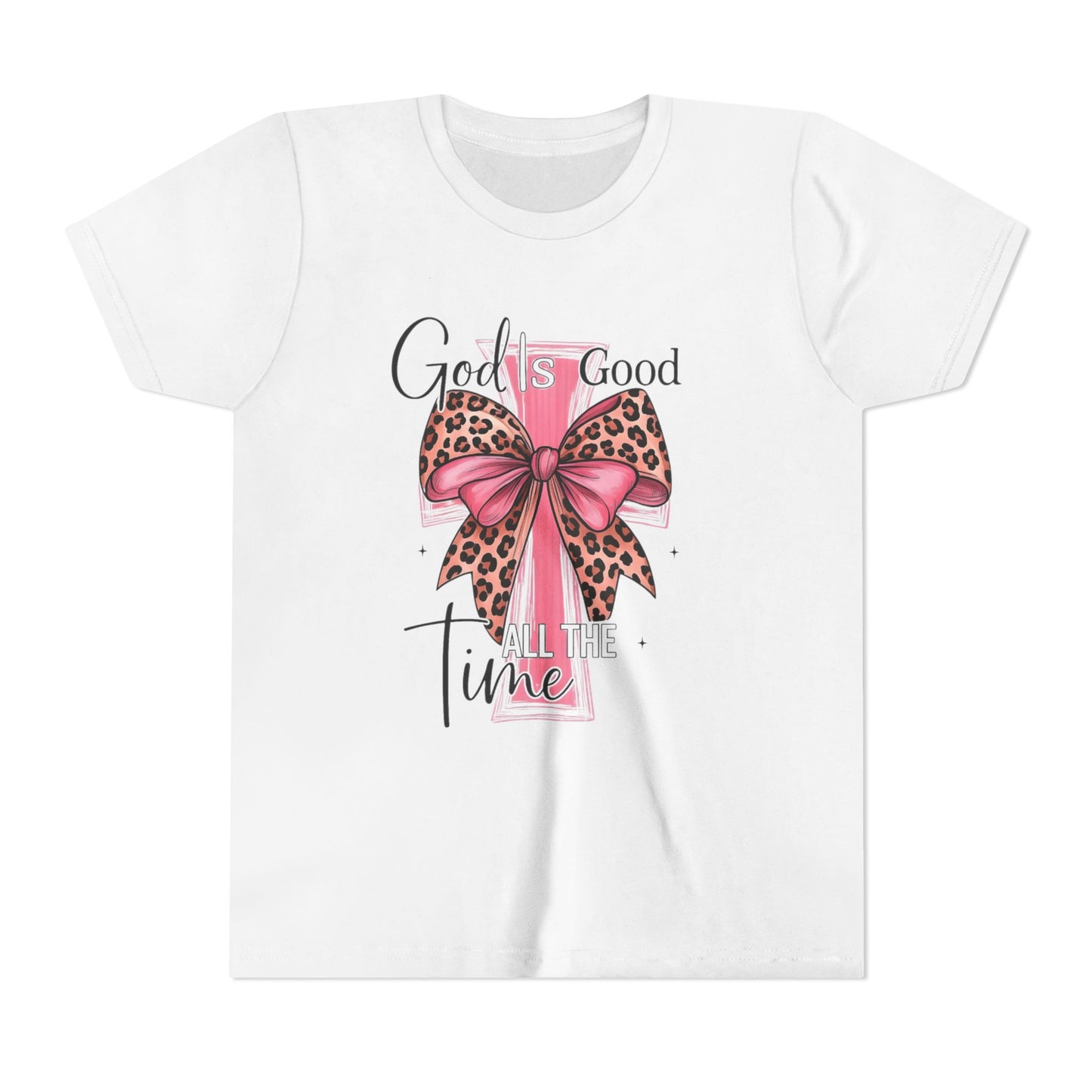 Youth Tee — "God is Good All the Time" Pink Cross with Leopard Bow