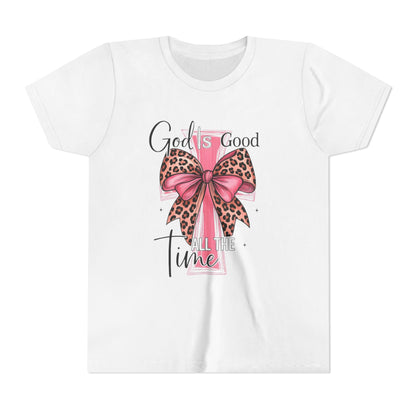 Youth Tee — "God is Good All the Time" Pink Cross with Leopard Bow