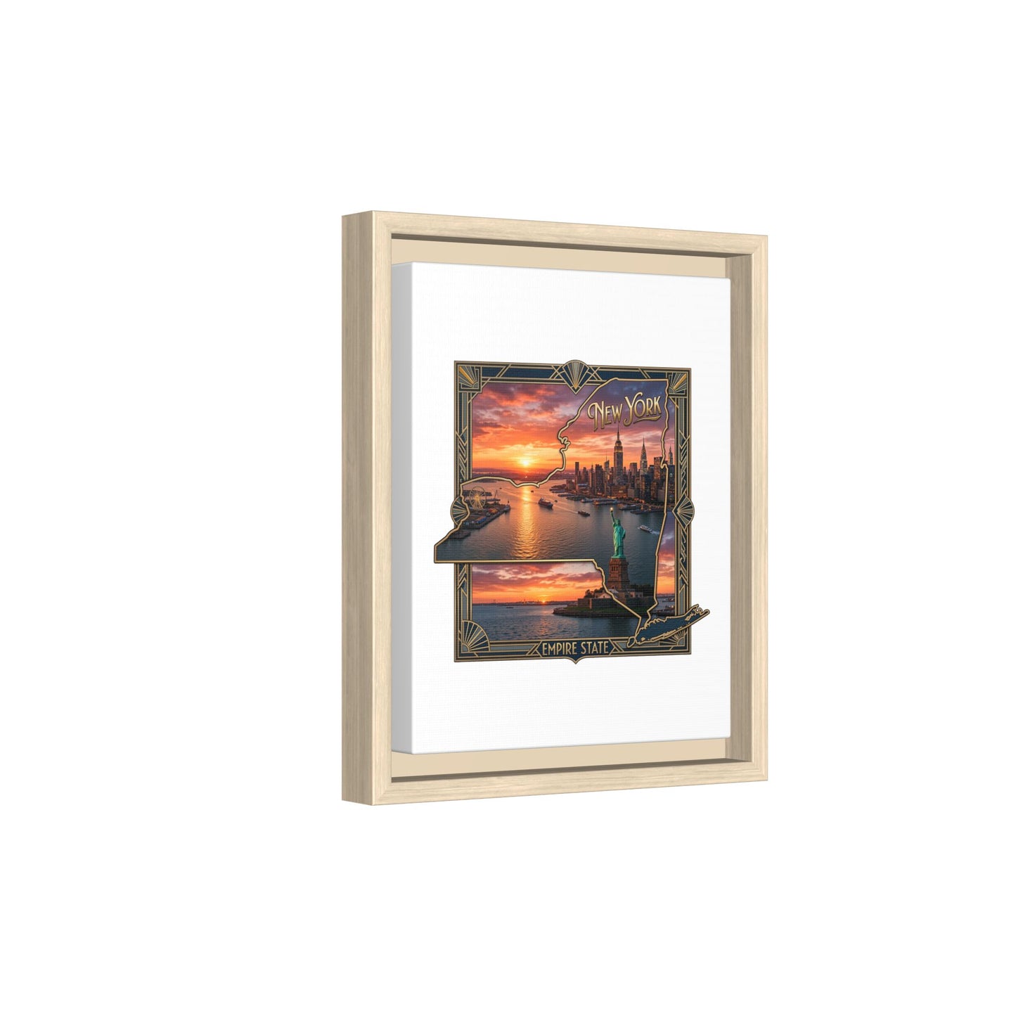 Framed Matte Canvas Wall Art — New York City Sunset Skyline with Statue of Liberty