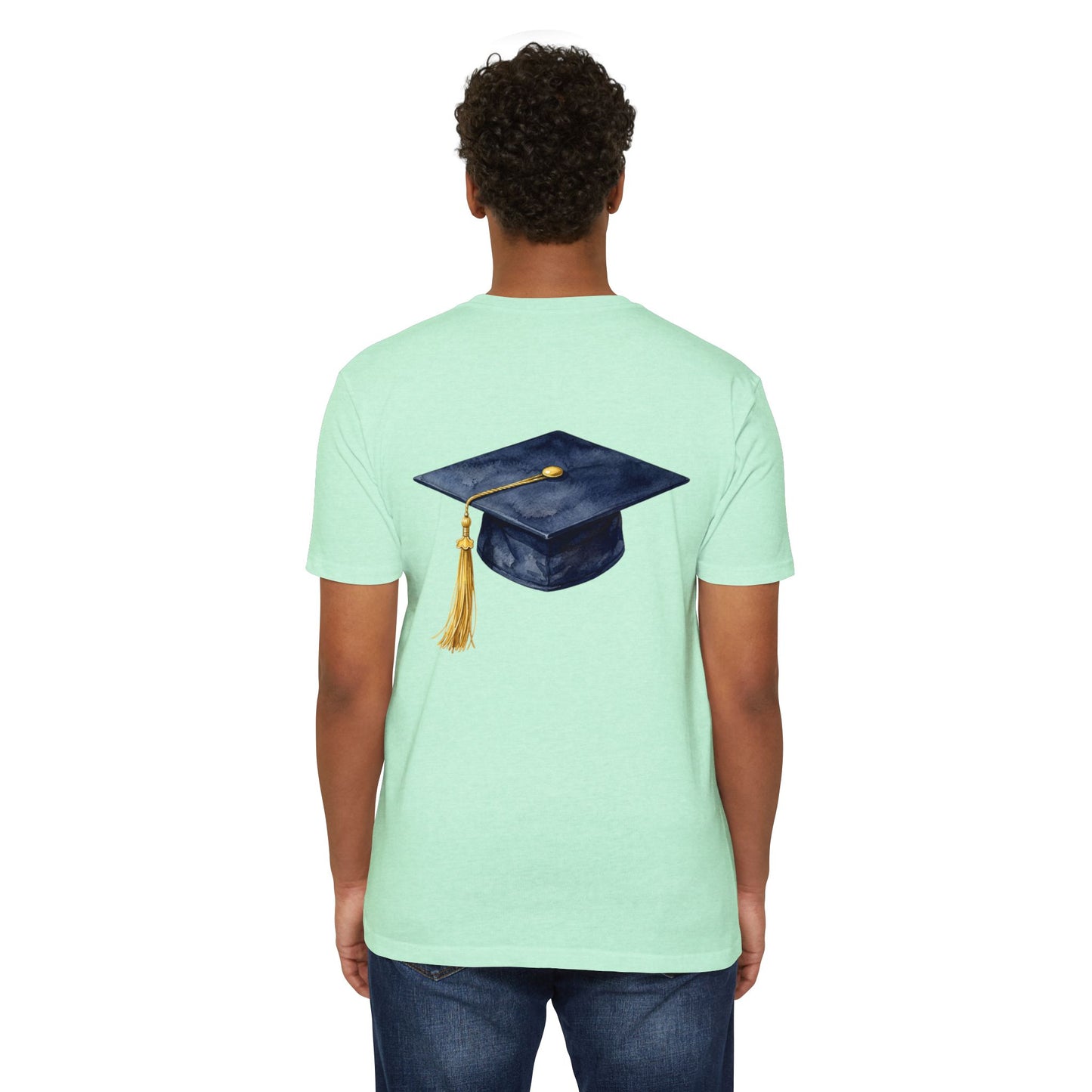 Graduation Cap T-Shirt — Navy Mortarboard with Gold Tassel