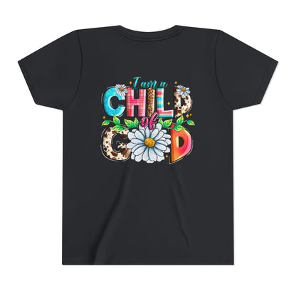 Youth Tee — "I Am a Child of God" Floral Christian Graphic