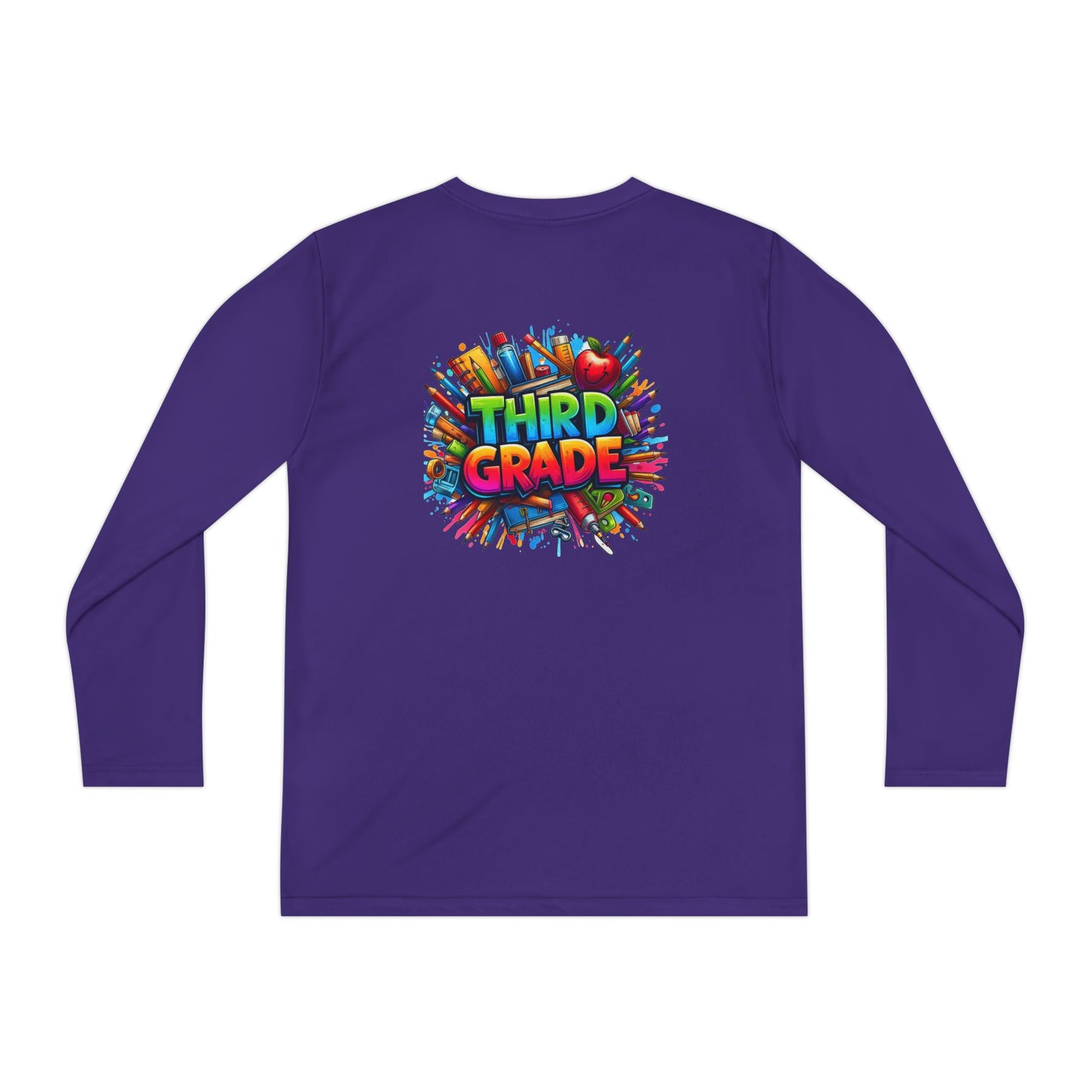 Third Grade Youth Long Sleeve Tee — Colorful School Supplies Design