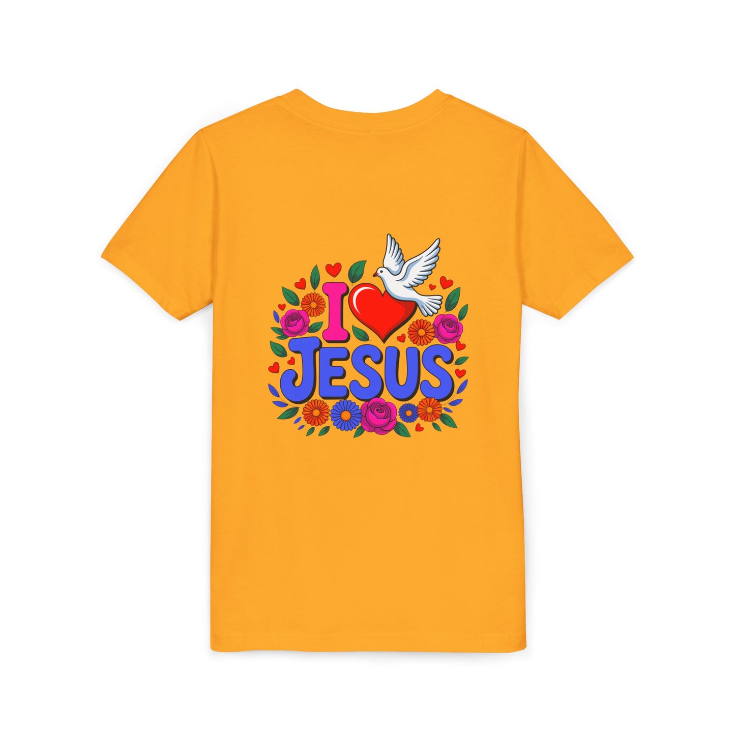 Youth Tee — "I  Jesus" Colorful Dove & Floral Christian Shirt