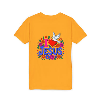 Youth Tee — "I  Jesus" Colorful Dove & Floral Christian Shirt