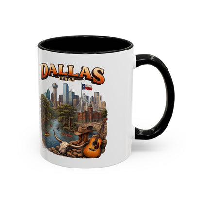 Dallas Skyline Accent Coffee Mug — Texas Souvenir Mug with Guitar & Cityscape
