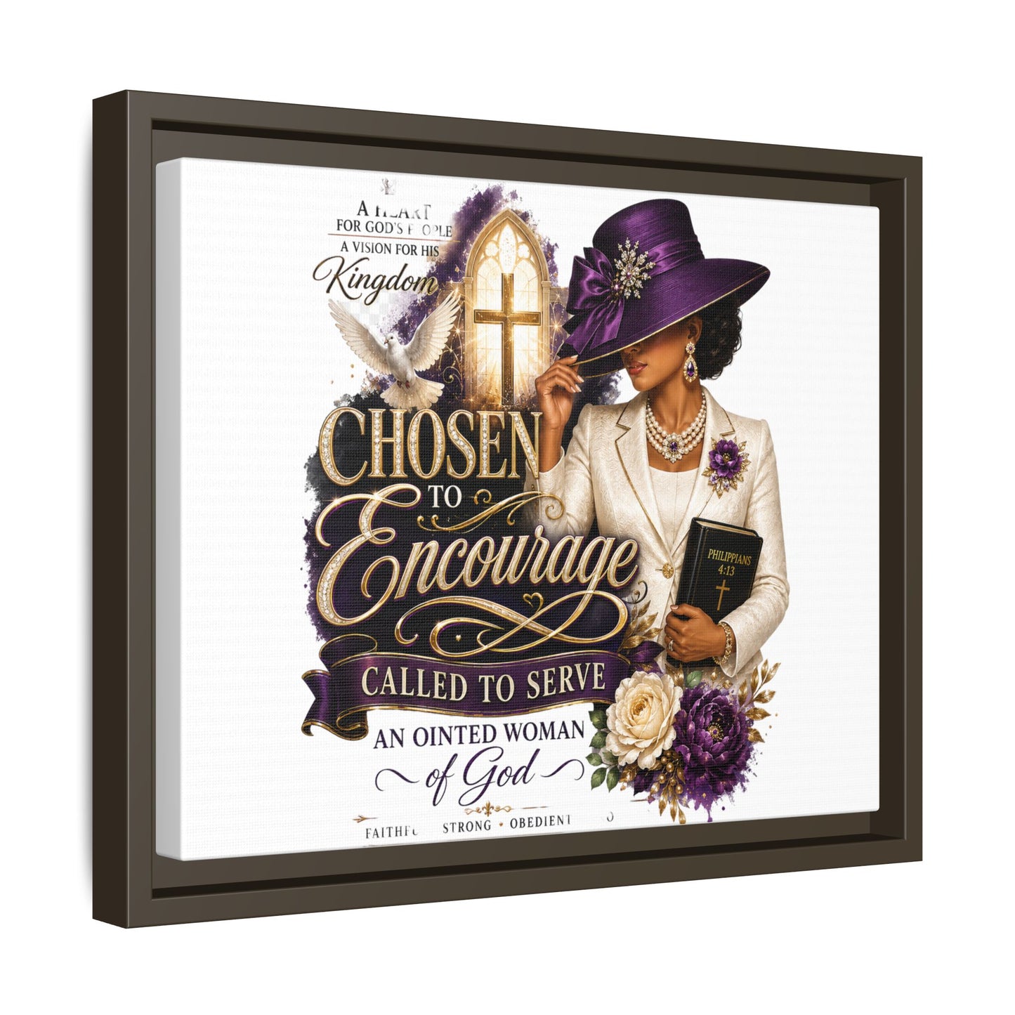 Chosen to Encourage — Framed Faith Canvas Wall Art (Called to Serve, Anointed Woman of God)
