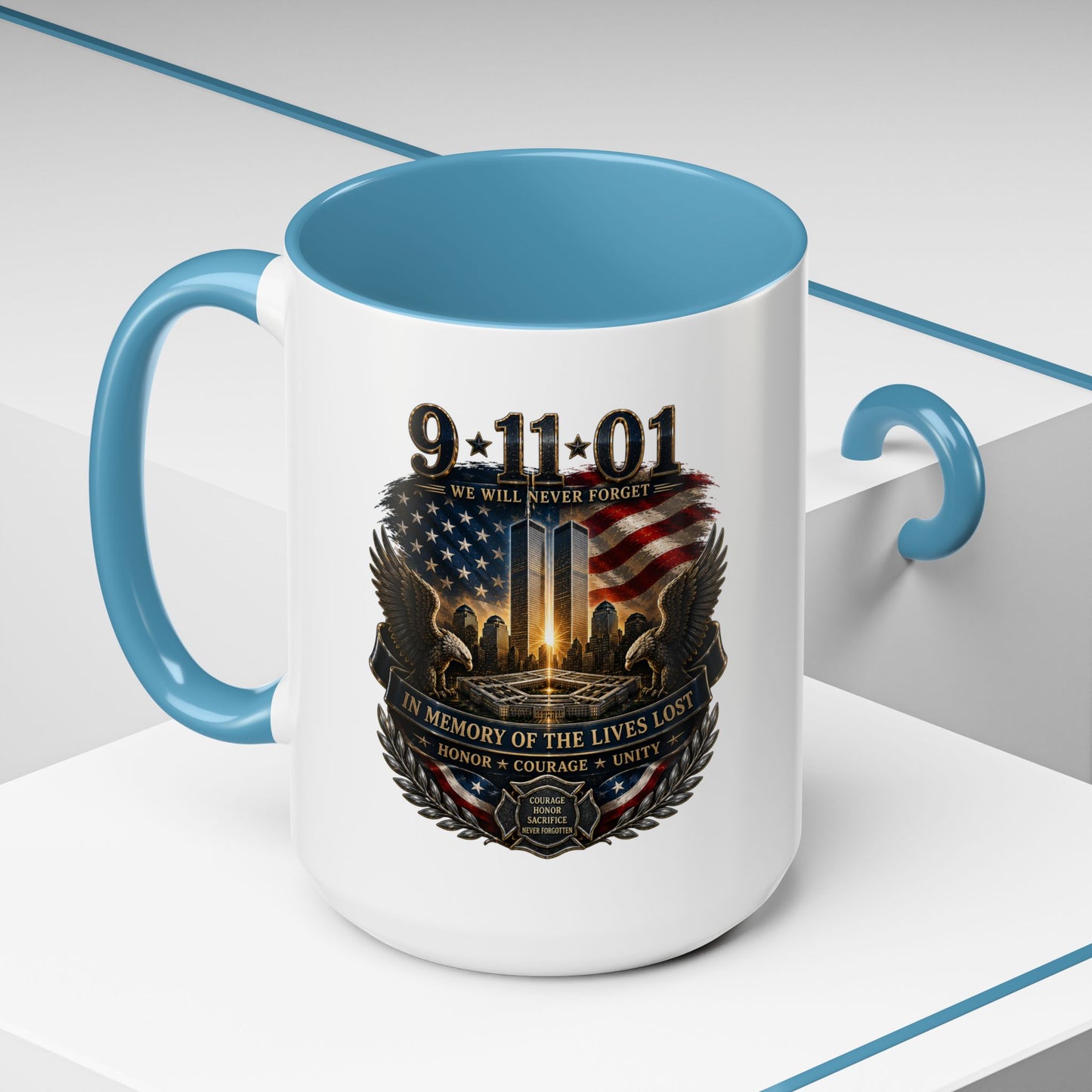 9·11 Memorial Coffee Mug — Never Forget Tribute Accent Mug (11/15oz)