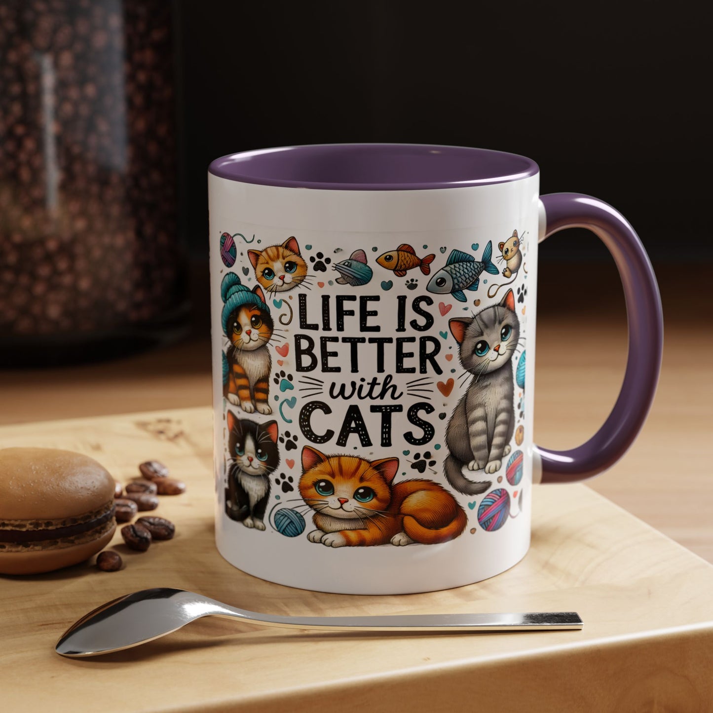 Life Is Better With Cats Accent Coffee Mug – Cute Kitten Ceramic Tea Cup (11/15oz)