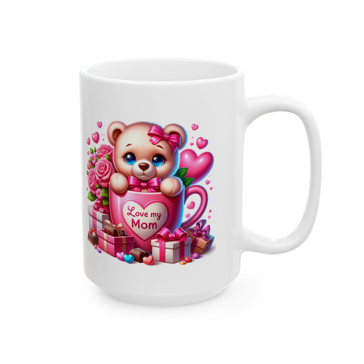 Valentine Teddy Bear Ceramic Mug — Cute Hearts, Roses & Gift Box 11oz/15oz