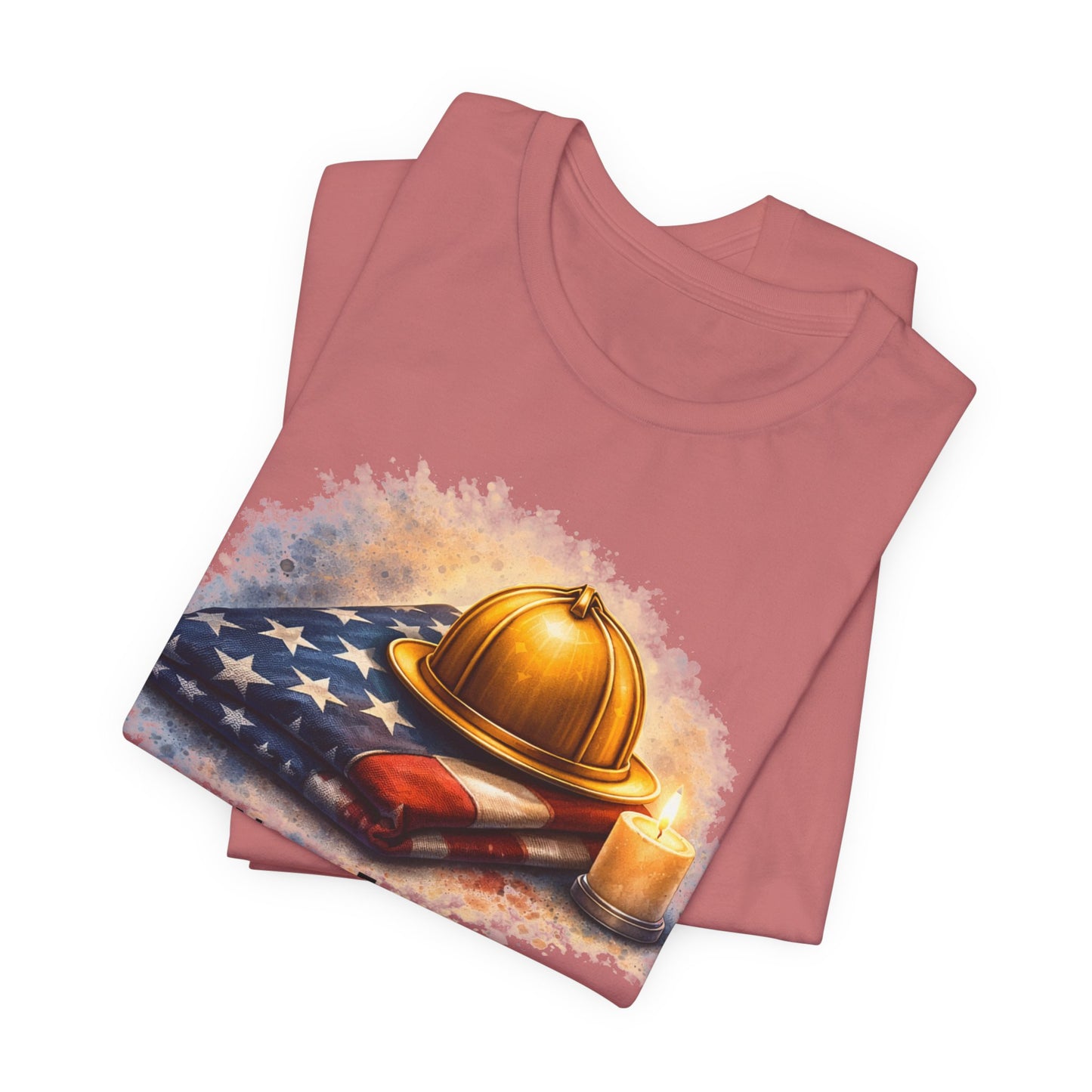 Never Forget Memorial T‑Shirt — Firefighter Helmet & Flag Tribute