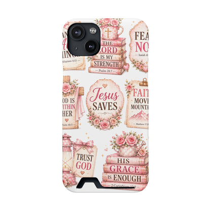 Christian Phone Case with Card Holder — 'Jesus Saves' Floral Scripture Design