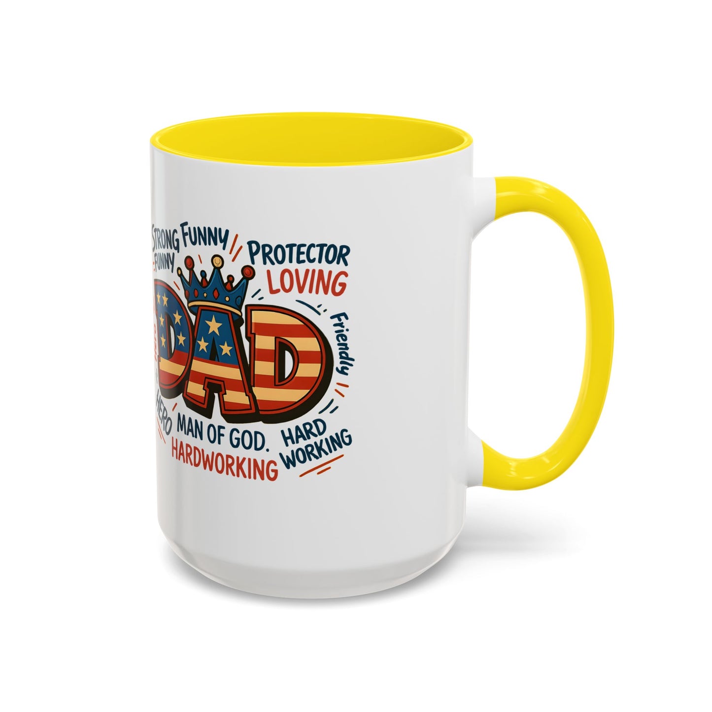 Dad Coffee Mug — Patriotic "DAD" Design with Loving, Hardworking, Protector Keywords (11/15oz Accent Mug)