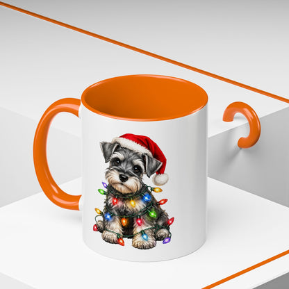 Christmas Puppy Coffee Mug — Schnauzer in Santa Hat with Holiday Lights (11/15oz)