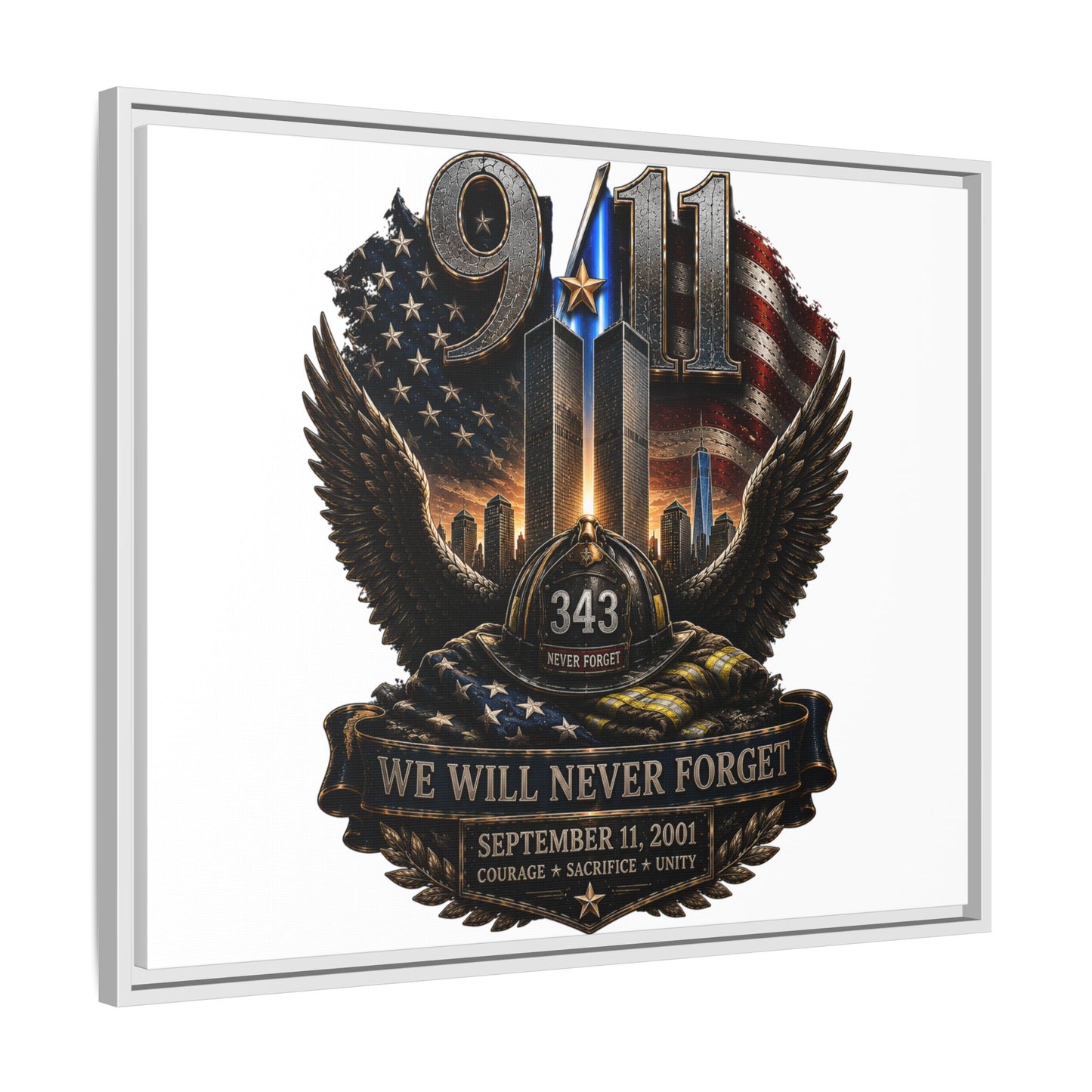9/11 Memorial Matte Canvas Print — "We Will Never Forget" Framed Tribute