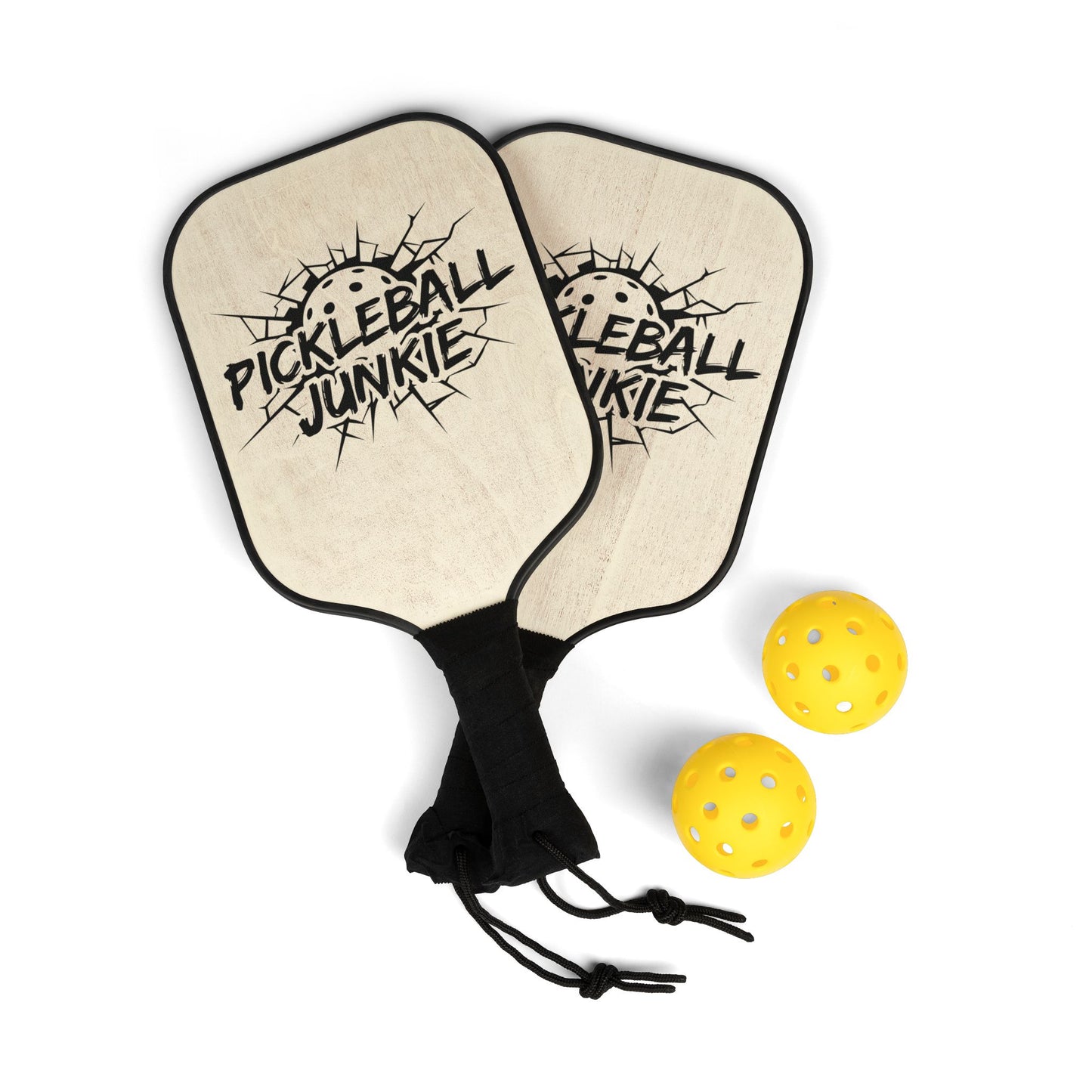 Pickleball Paddle Set — "Pickleball Junkie" Wooden Paddles with Balls