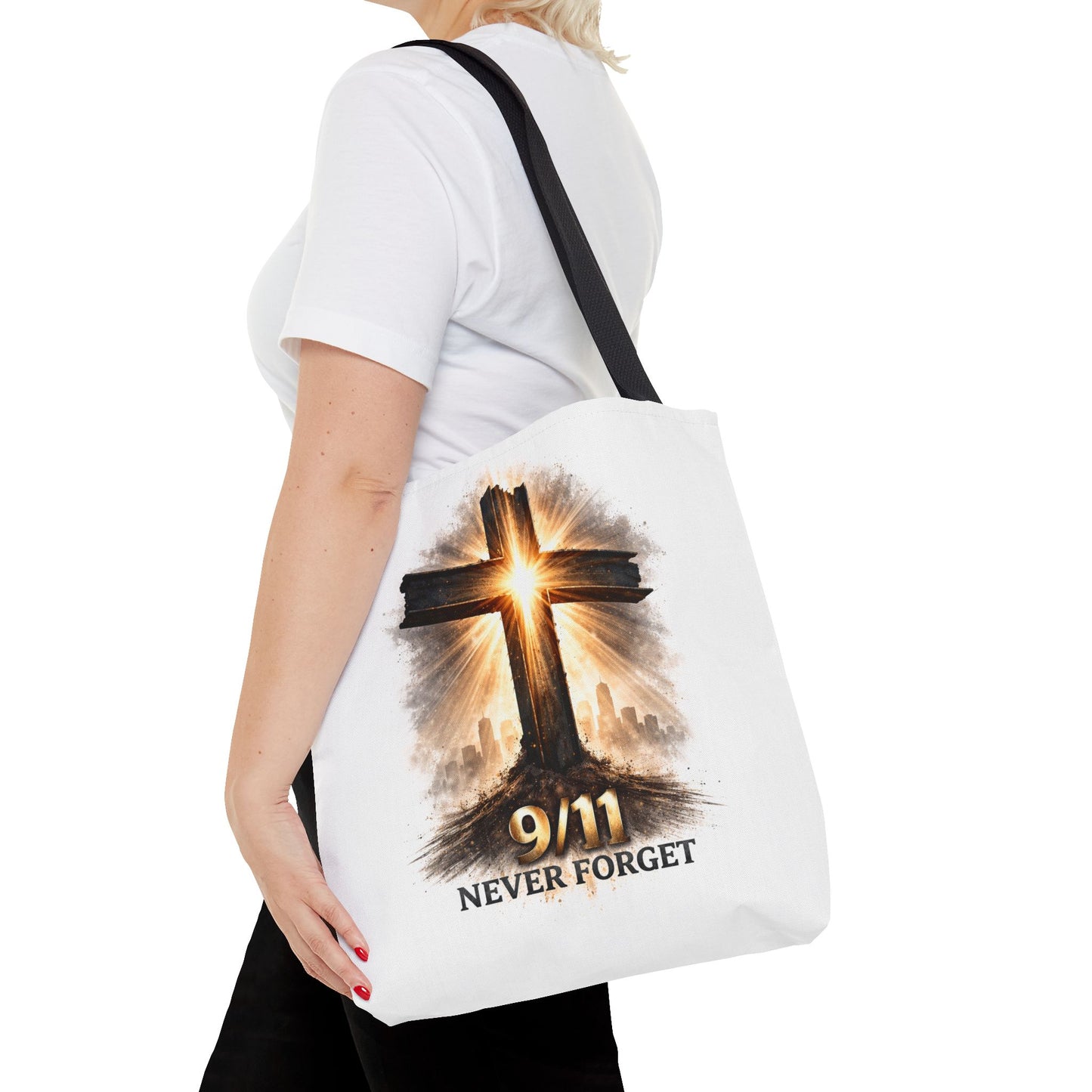 9/11 Never Forget Cross Memorial Tote Bag — Patriotic Remembrance Shopper