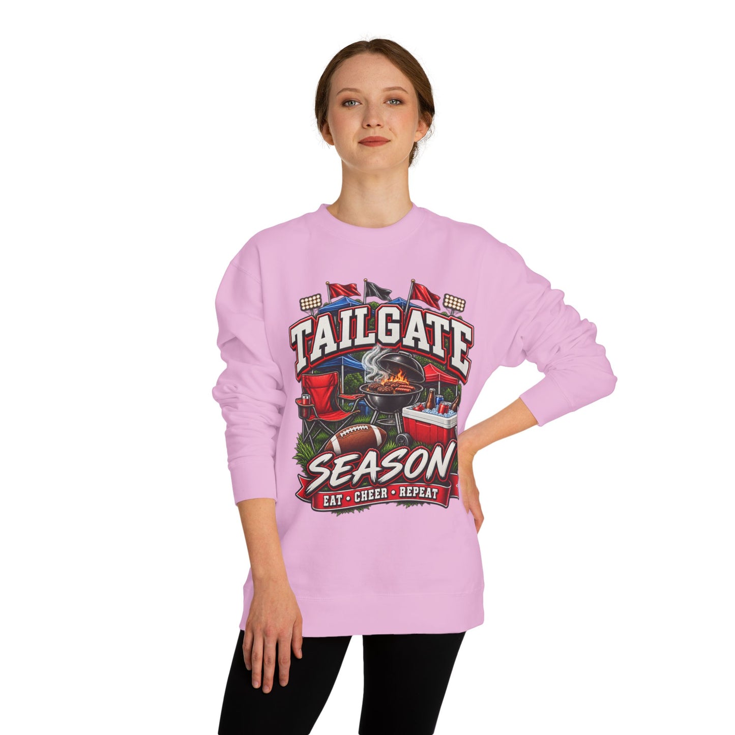 Tailgate Season Sweatshirt — "Eat • Cheer • Repeat" Football Tailgating Crewneck
