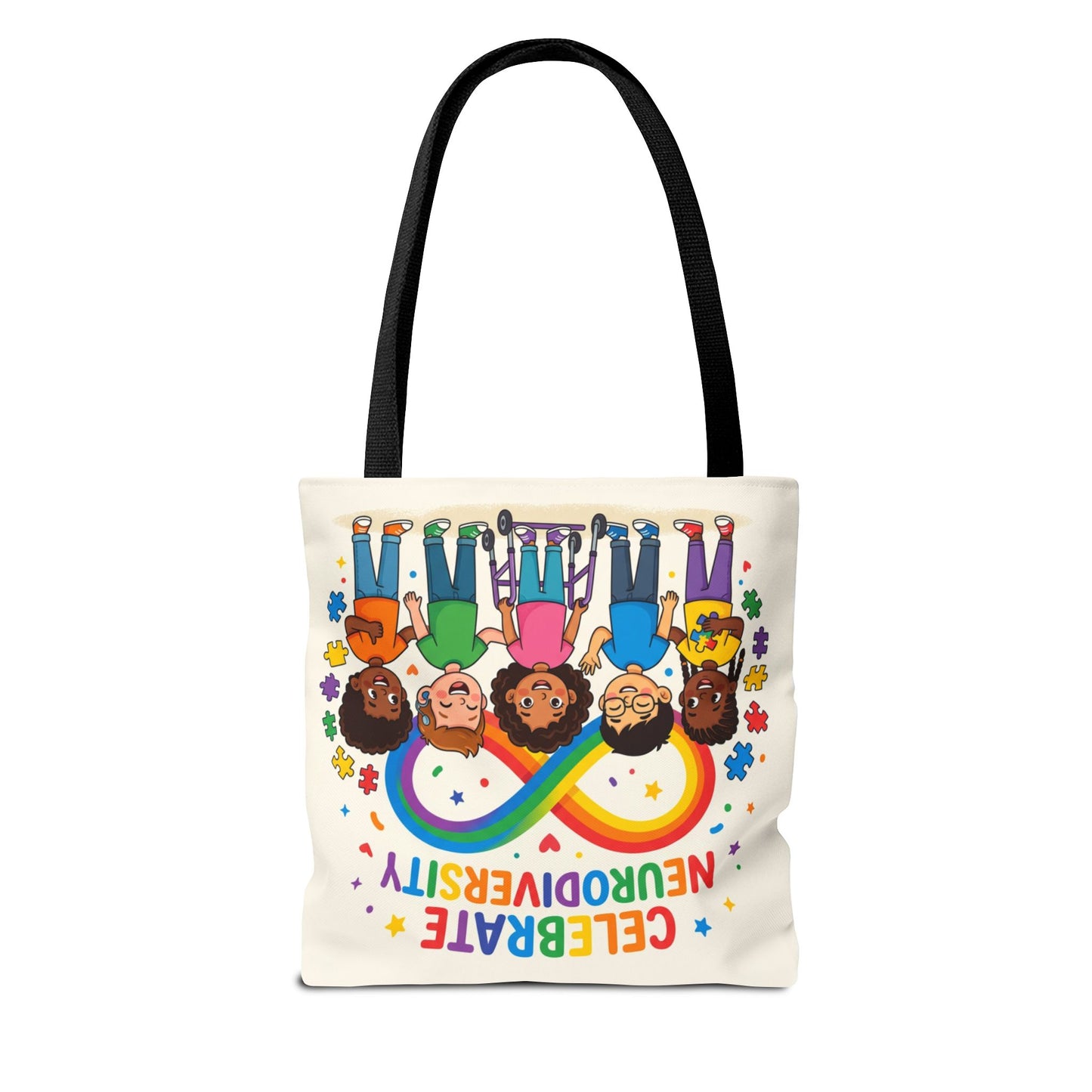Celebrate Neurodiversity Tote Bag — Rainbow Infinity Symbol with Diverse Kids