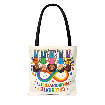 Celebrate Neurodiversity Tote Bag — Rainbow Infinity Symbol with Diverse Kids