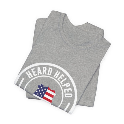 Headset Logo T-Shirt — "Heard Helped Saved" American Flag Design