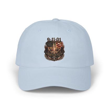 9·11·01 Memorial Dad Cap — American Flag Twin Towers Tribute Hat