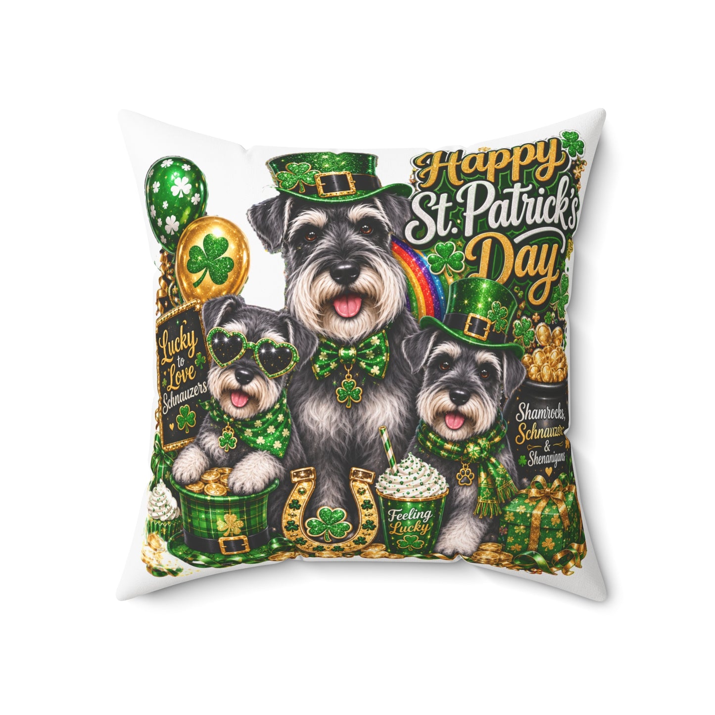 Happy St. Patrick's Day Dogs Decorative Pillow — Shamrock Schnauzer St. Patty’s Throw Pillow