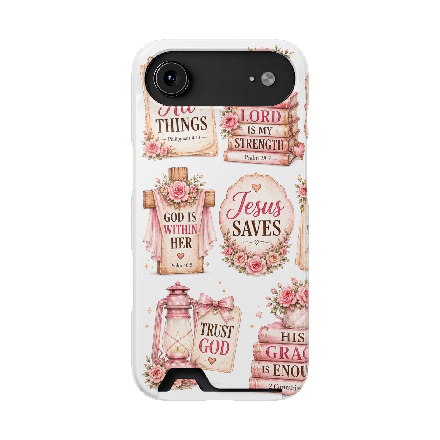 Christian Floral Phone Case with Card Holder — 'Jesus Saves' Inspirational Design