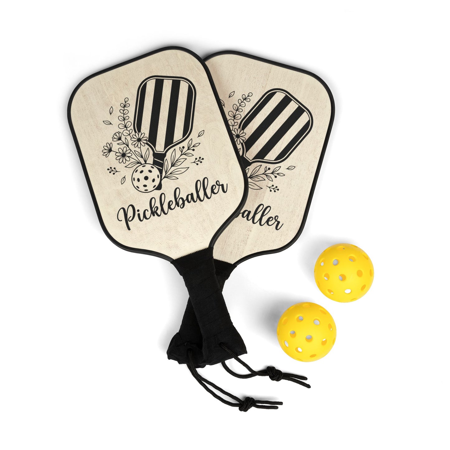 Pickleball Paddles Set - "Pickleballer" Floral Design Kit with 2 Paddles & Balls