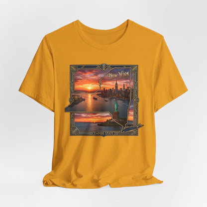 New York Sunset Skyline Tee — Statue of Liberty Vintage Travel T‑Shirt