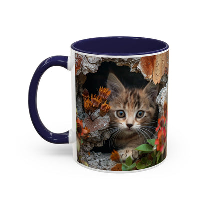 Cute Kitten Peek Accent Coffee Mug — Tabby Cat Floral 11/15oz