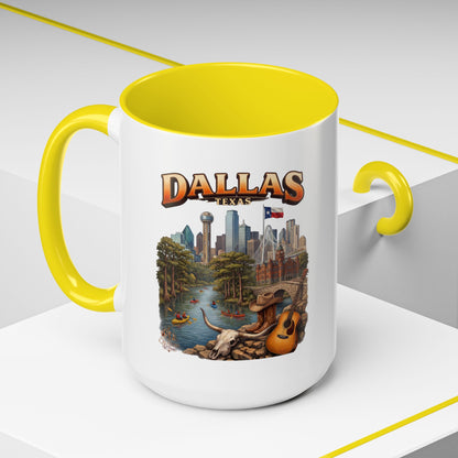 Dallas Skyline Accent Coffee Mug — Texas Souvenir Mug with Guitar & Cityscape