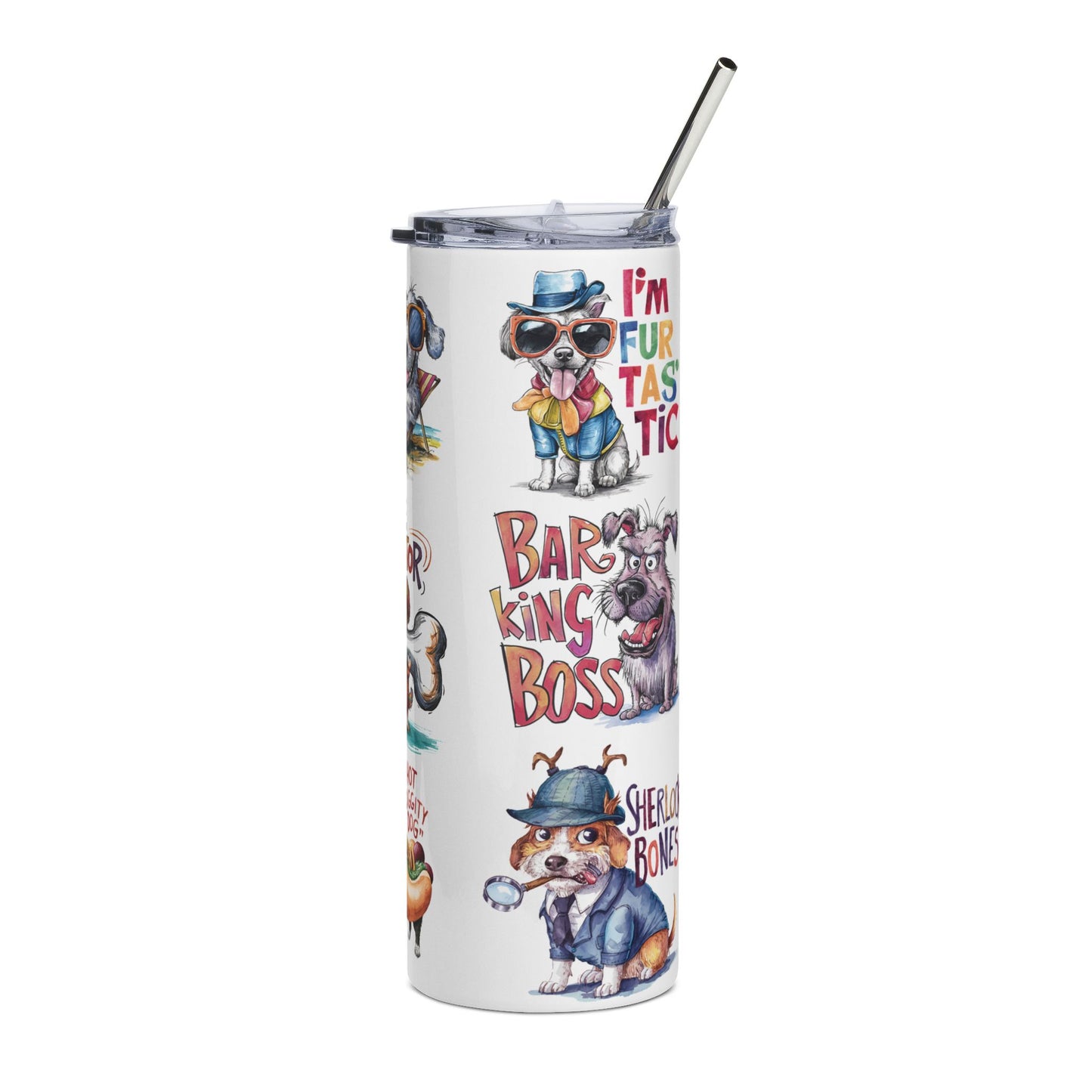 20oz Stainless Tumbler – Cute Dog Pun Collage (Life’s a Beach, Bone Collector, Hot Diggity Dog)
