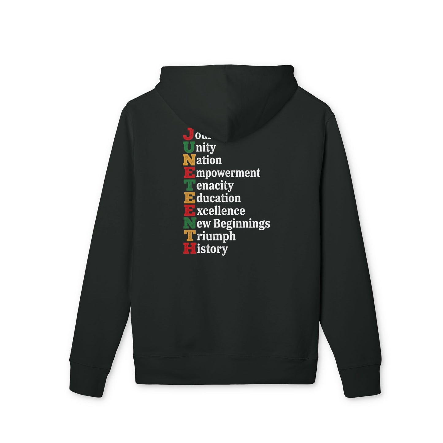 Juneteenth Hoodie — 'JUNETEENTH' Vertical Acronym Design (Unity, Nation, Empowerment)