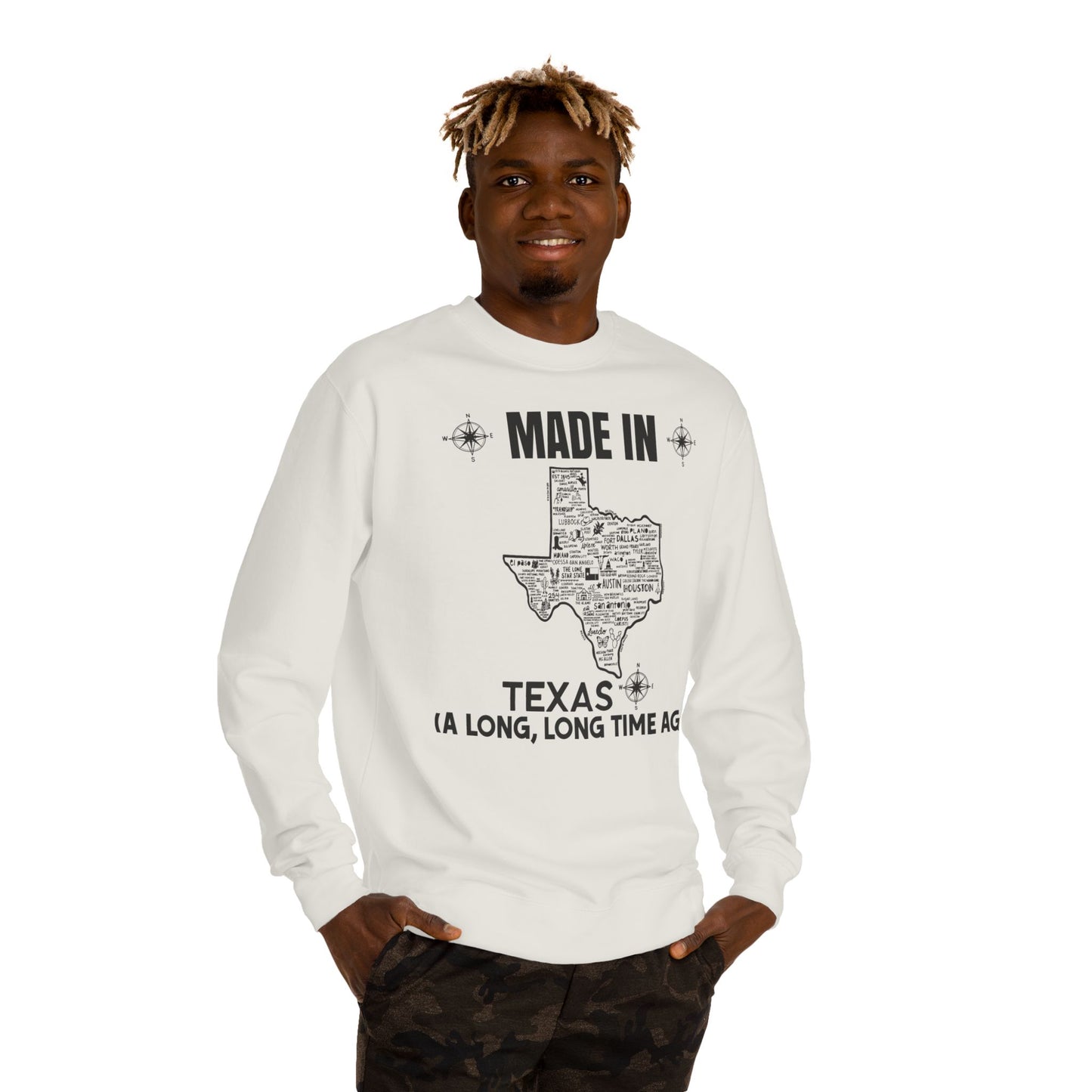 Made in Texas Crewneck Sweatshirt — "Made in Texas (A Long, Long Time Ago)" Vintage State Map