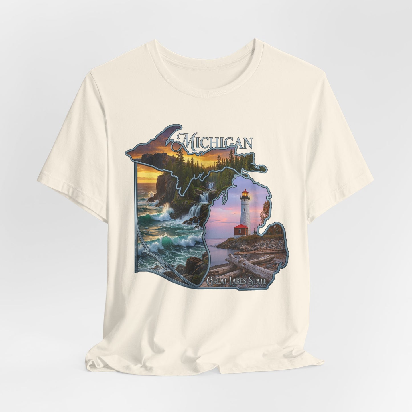 Michigan Scenic Map T-Shirt — Great Lakes Lighthouse Sunset Tee