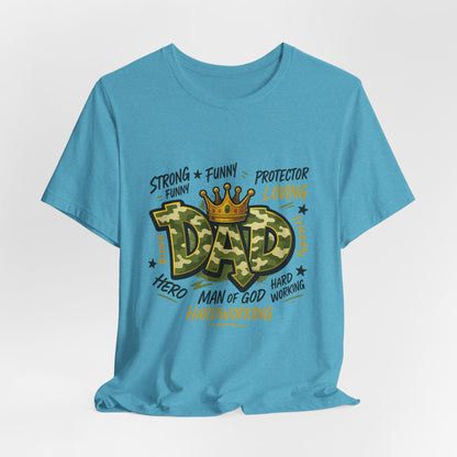 Dad Camo Crown T-Shirt — 'DAD' Graphic with 'Man of God, Hardworking' Father's Day Tee