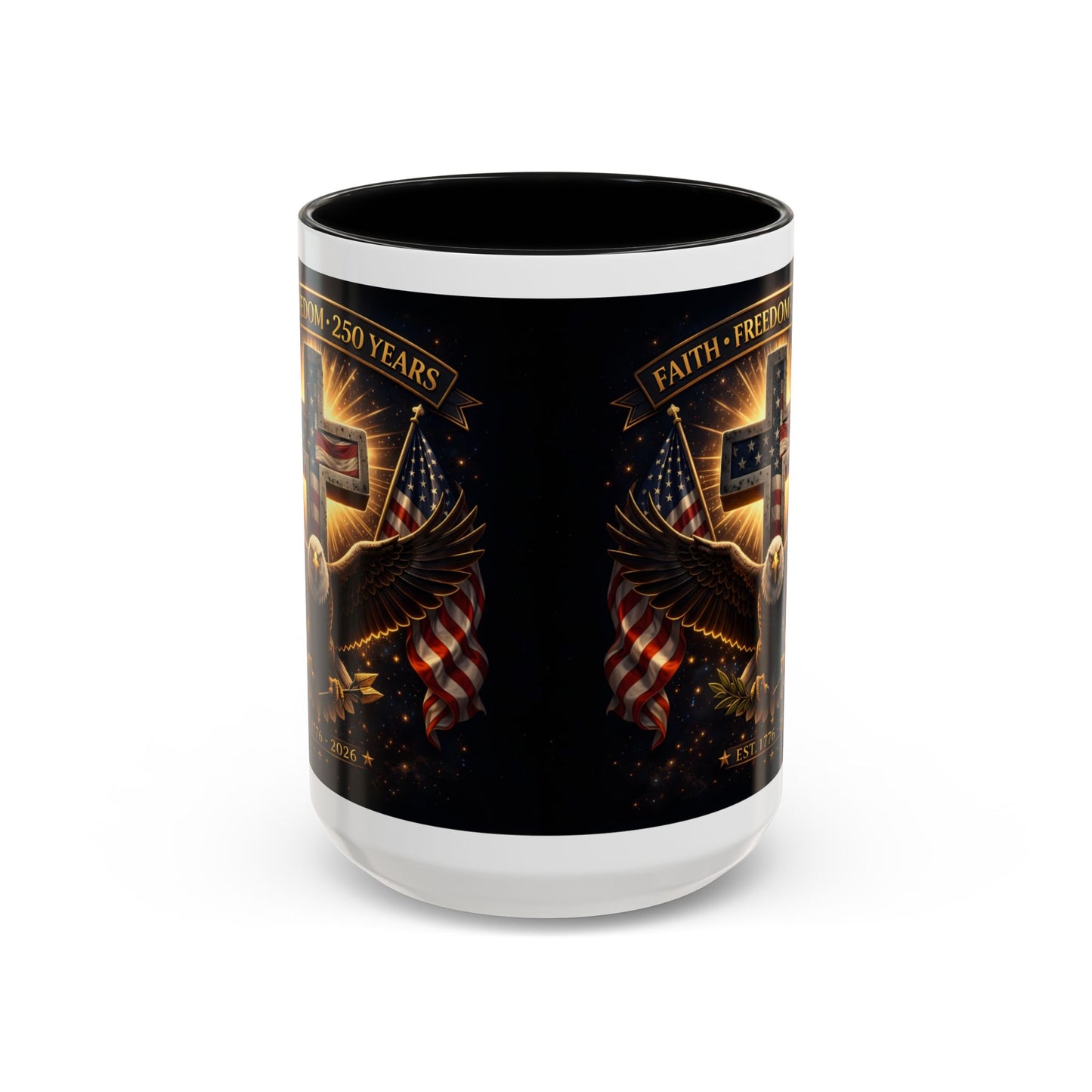 Patriotic Faith & Freedom Accent Coffee Mug — Eagle, Cross & American Flag (1776–2026)