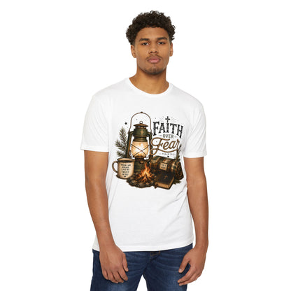 Faith Over Fear T-Shirt — Christian Camping Lantern & Bible Graphic
