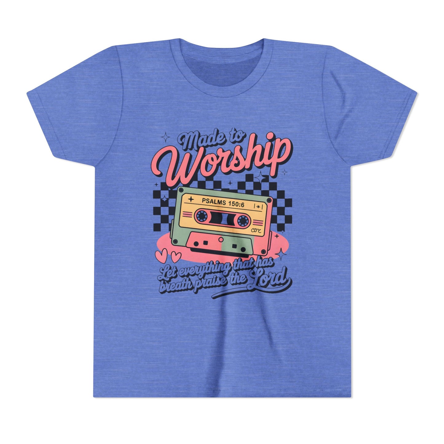 Made to Worship Youth Tee – Retro Cassette Christian Kids Shirt (Psalms 100:4)