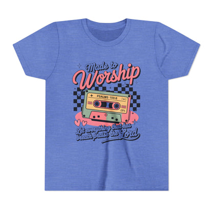 Made to Worship Youth Tee – Retro Cassette Christian Kids Shirt (Psalms 100:4)