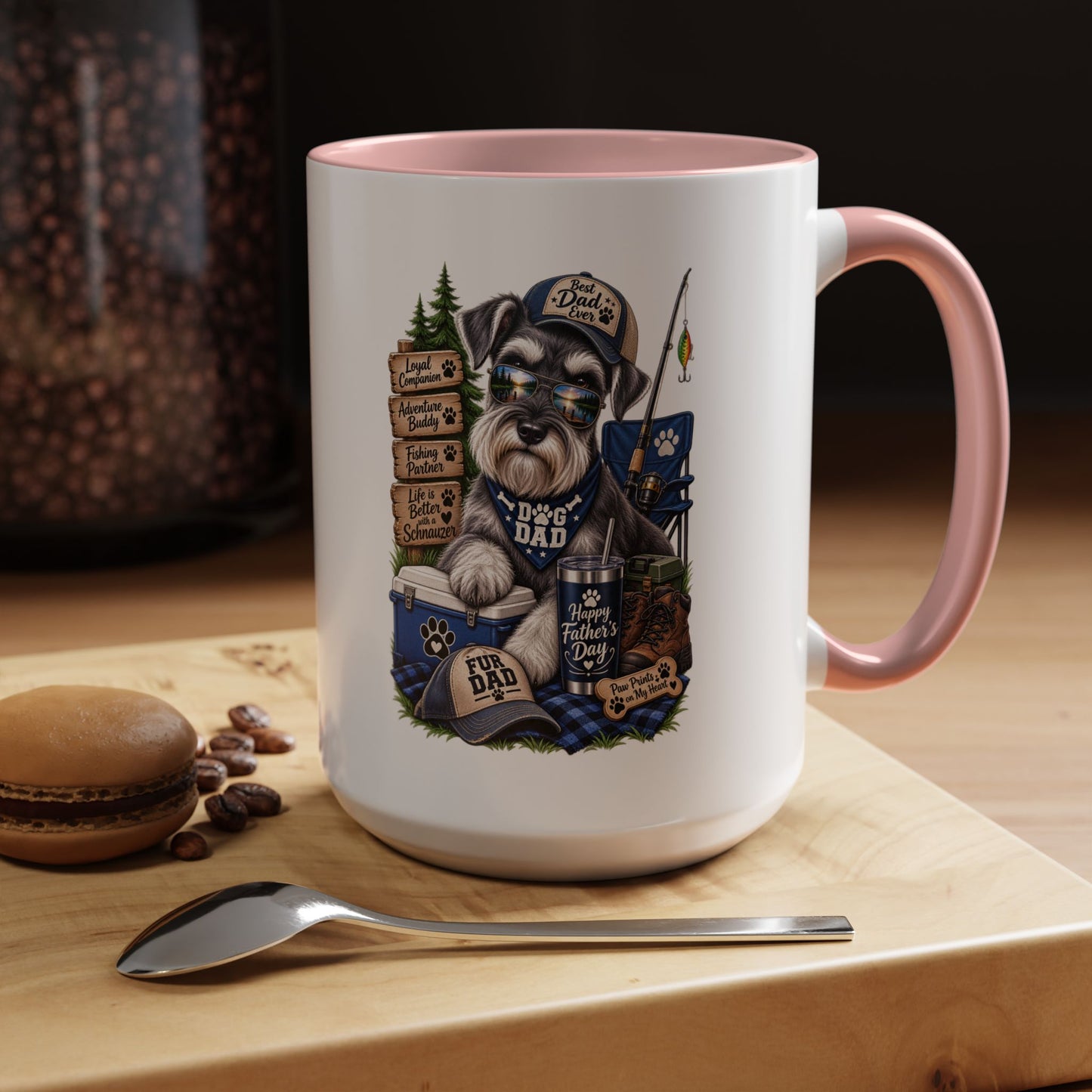 Schnauzer Dad Accent Coffee Mug – "Dog Dad" Camping Paw Print Design (11/15oz)