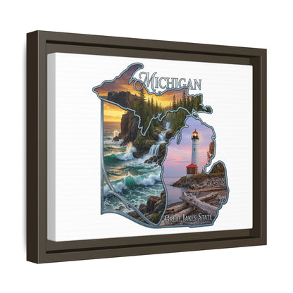 Michigan Framed Canvas Wall Art — Great Lakes State Lighthouse & Shoreline Print