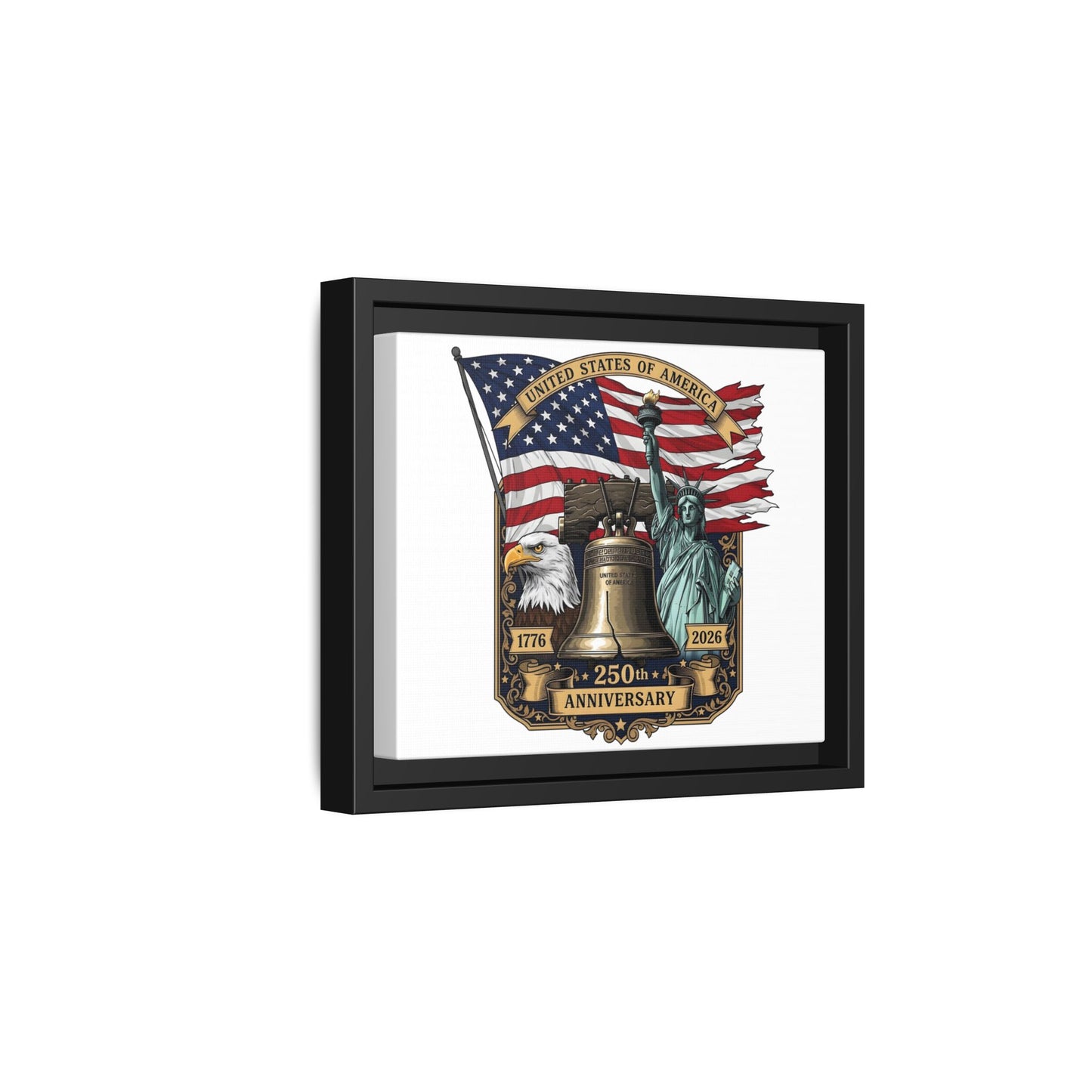 Liberty 250th Anniversary Framed Canvas Print — American Flag, Statue of Liberty & Liberty Bell Art