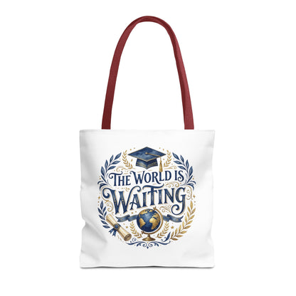 Graduation Tote Bag – "The World Is Waiting" Cap & Globe Design