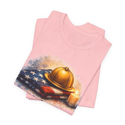 Never Forget Memorial T‑Shirt — Firefighter Helmet & Flag Tribute