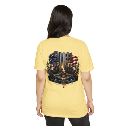 9/11 Never Forget Memorial T-Shirt — Tribute American Flag Skyline Tee